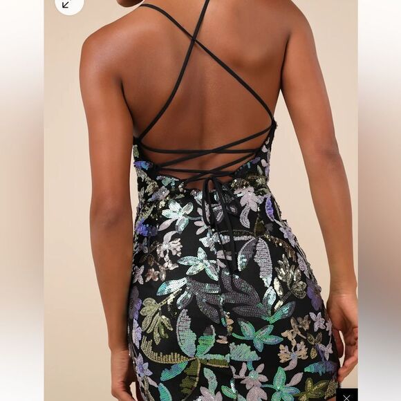 Lulus Glittering Icon Black Iridescent Sequin Lace-Up Mini Dress size XL - Picture 3 of 5